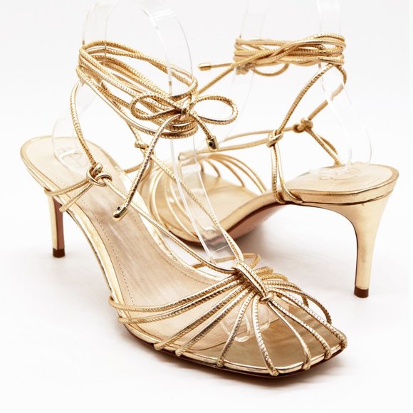 Porte & Paire Net-a-porter Gold Metallic Leather Sandals Lace Up Strappy 39 $280 - Picture 2 of 16